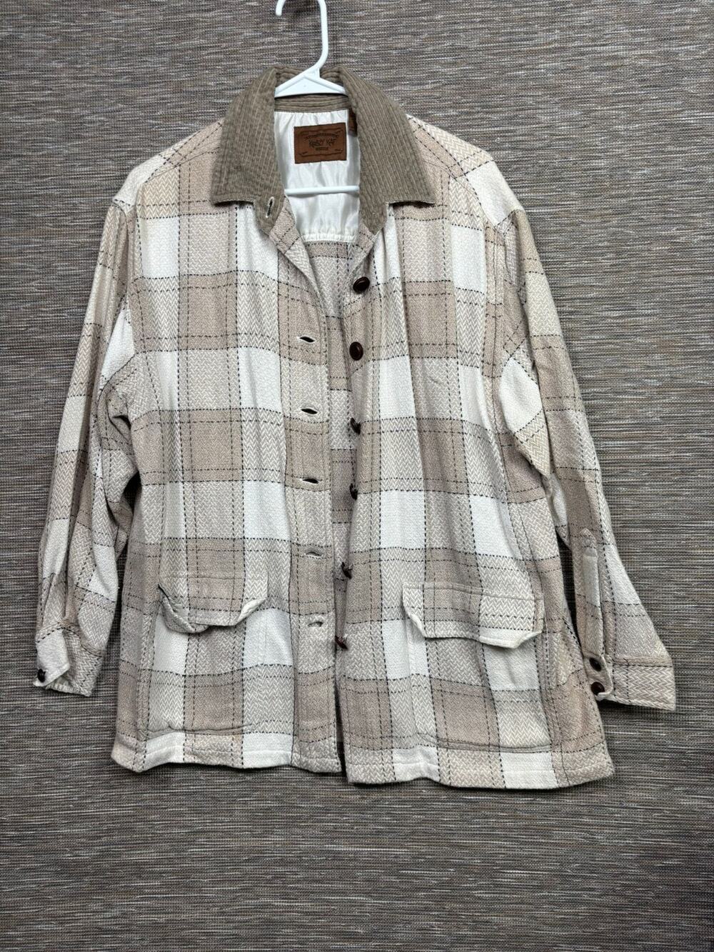 Krazy Kat Button Down Shirt Mens Size M Grey Tan Plaid Long Sleeve